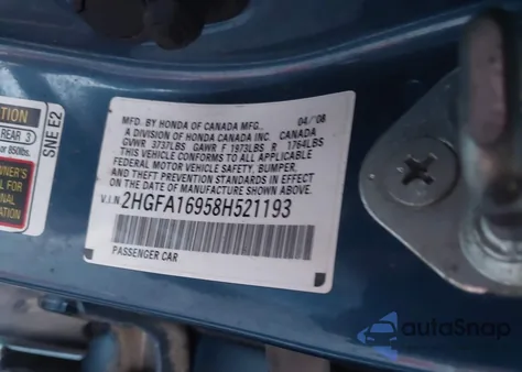 2008 Honda Civic Ex-L из США, поврежденный, VIN 2HGFA16958H521193